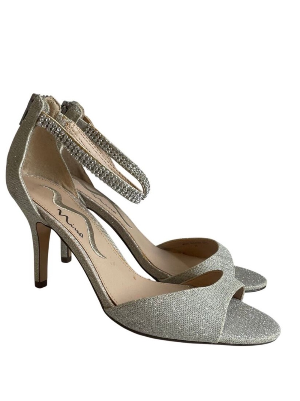 Nina Varetta Rhinestone Ankle Strap Peep Toe Stiletto Heels Silver Sz 6